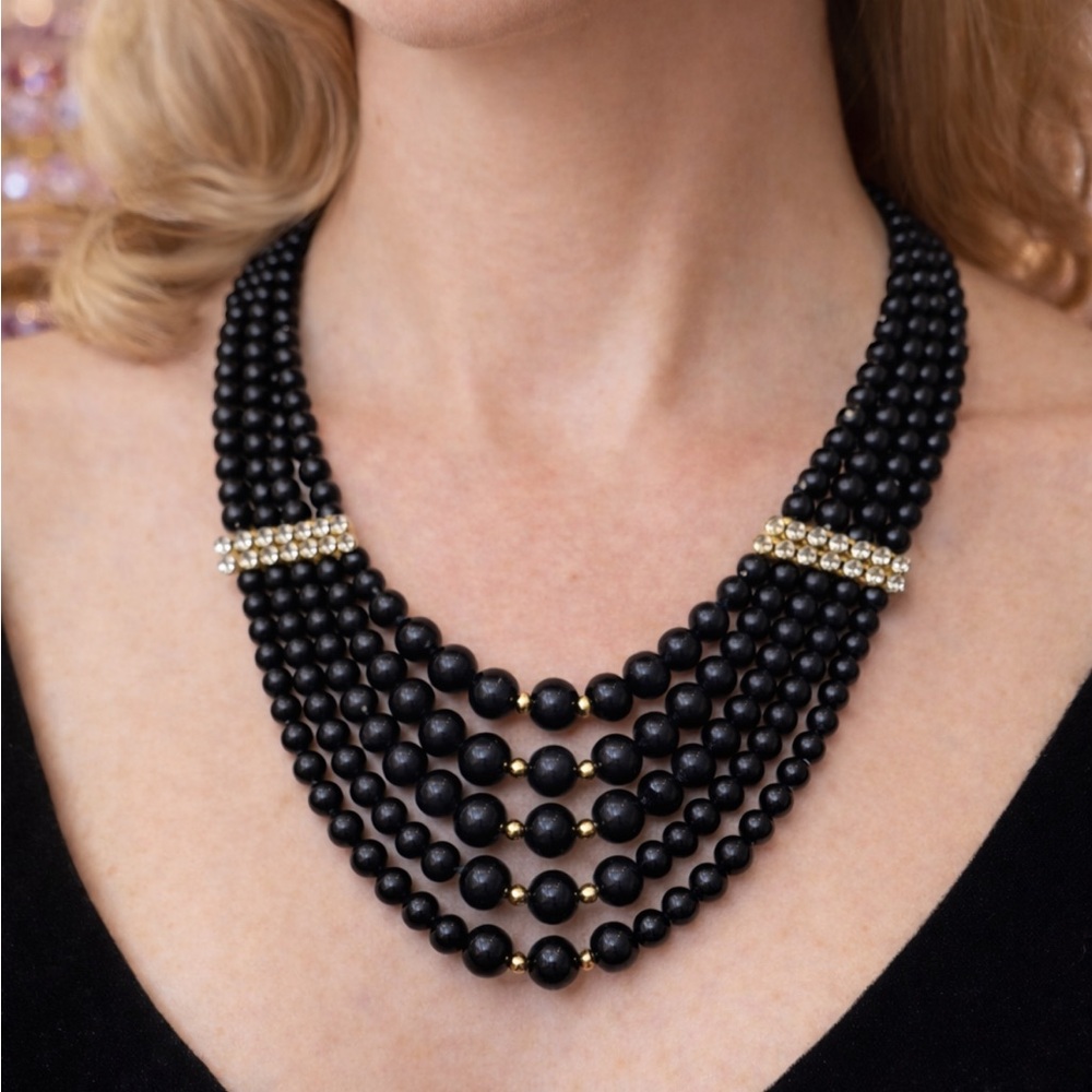 Vintage 5 Strand Black Glass Bead Bib Necklace Rhinestone Bar Gold Tone Clasp - Picture 4 of 5
